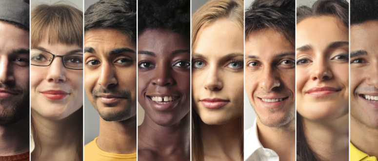 Security culture. Eight sections in a horizontal row, each with a human face.