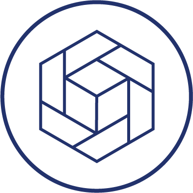 Design. A cube encased in a stylized hexagon inside of a circle.