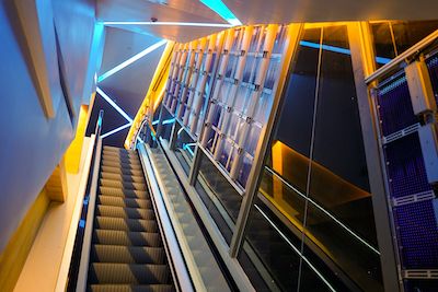 An escalator in a modern building.