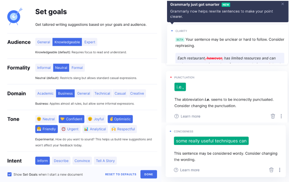 Screenshots of grammarly show recommended actions along with the reason to make the change. 