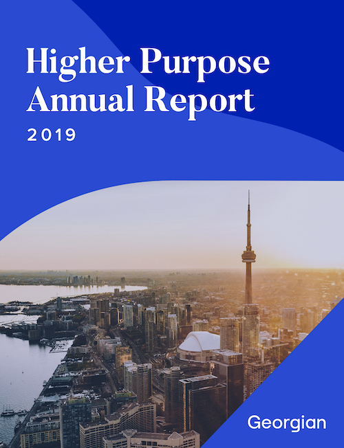 Higher Purpose Annual Report 2019. Georgian. A photograph of Toronto including the C N Tower.